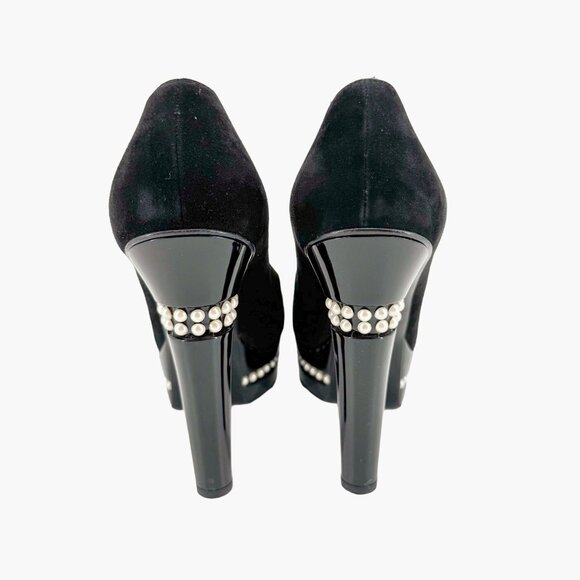Chanel Platform Pearl Pumps EU 41 US 10-10.5 Black Suede Leather Cap Toe Heel - Picture 6 of 12